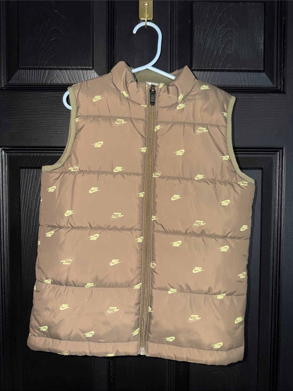 Nike Kids Beige Puffer Vest with Yellow Logo Print
